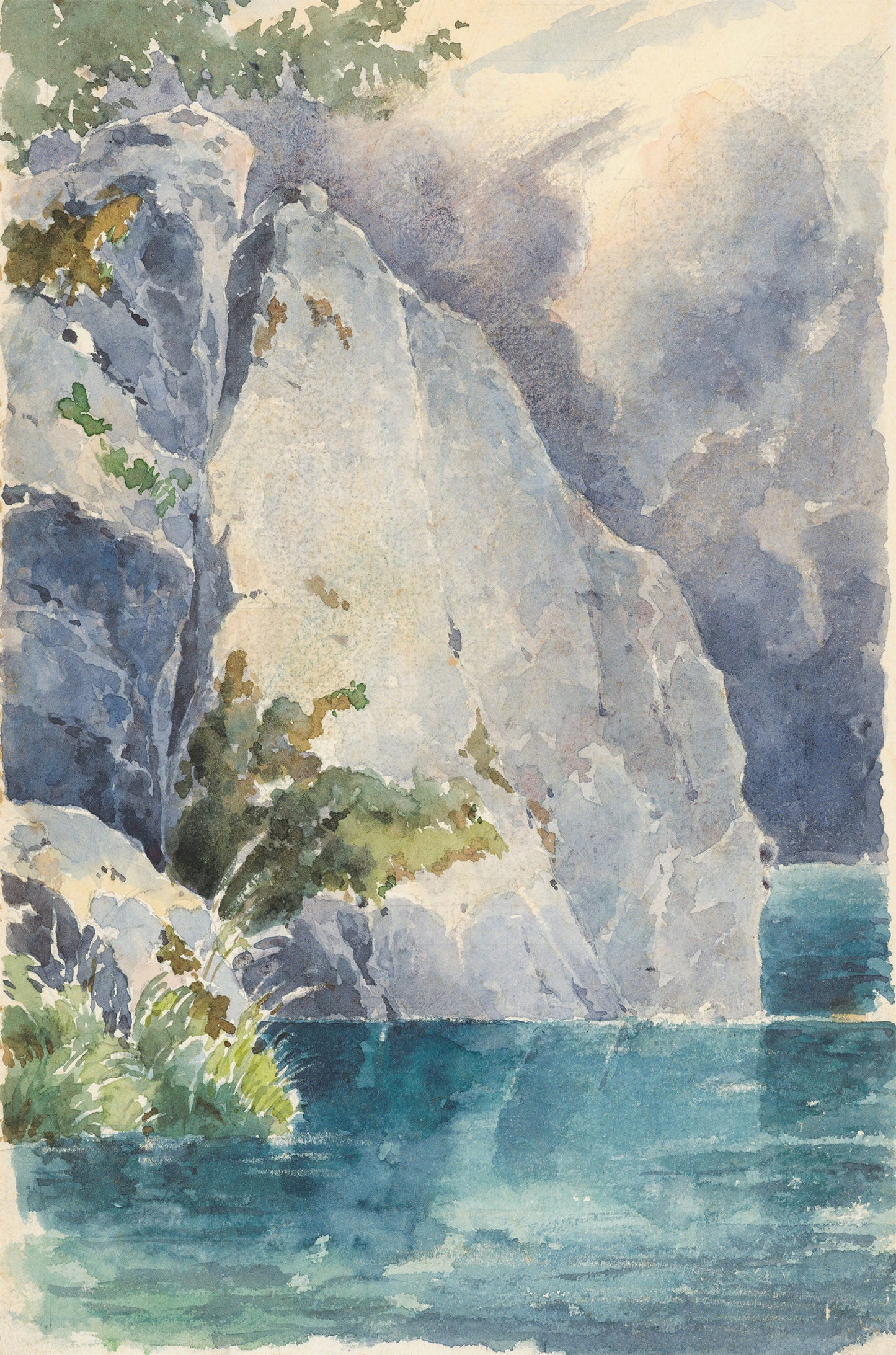 Vintage Blue Lake Mountain Cliff 60x90cm Metal Print Ready to Hang