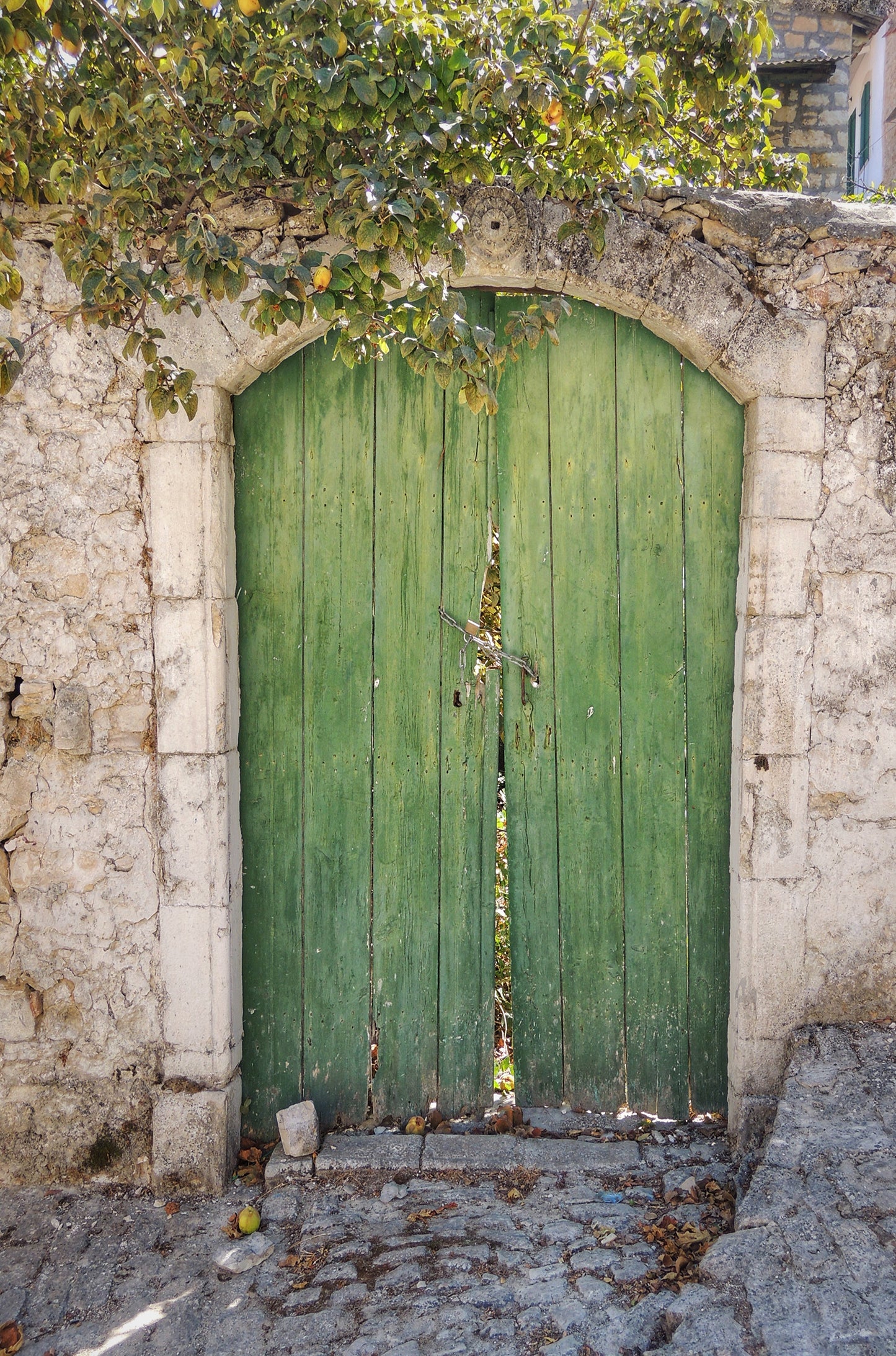 Old Green Wooden Door Set In a Stone Wall 60x90cm Metal Print Ready to Hang
