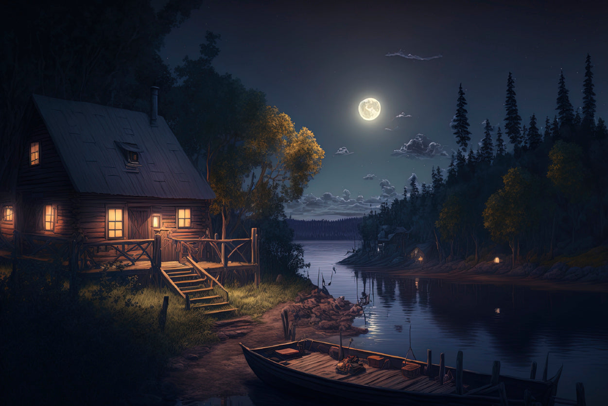 House, Trees, Lake at Night Home Decor Premium Quality Poster Print Choose Your Sizes - Bella Home Decor