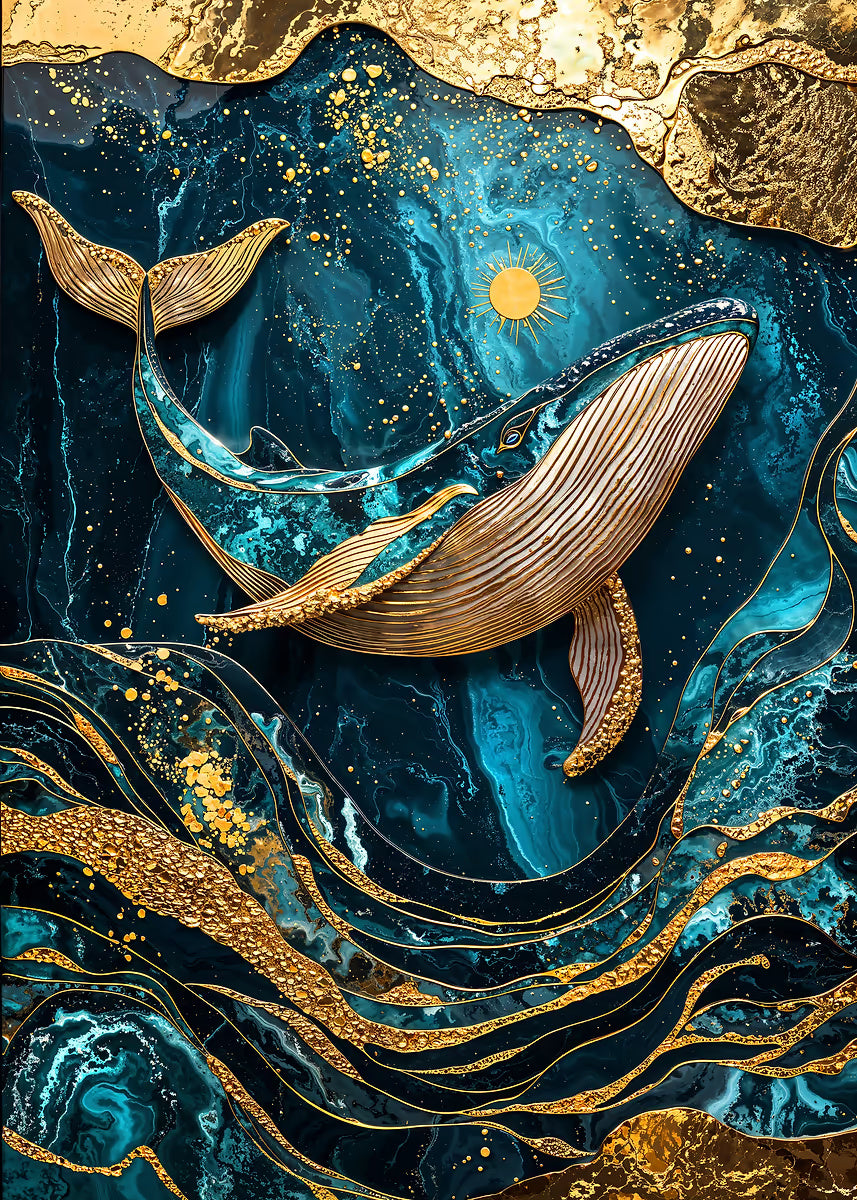 Gold Foil Teal Whale Ocean 60x90cm Metal Print Ready to Hang