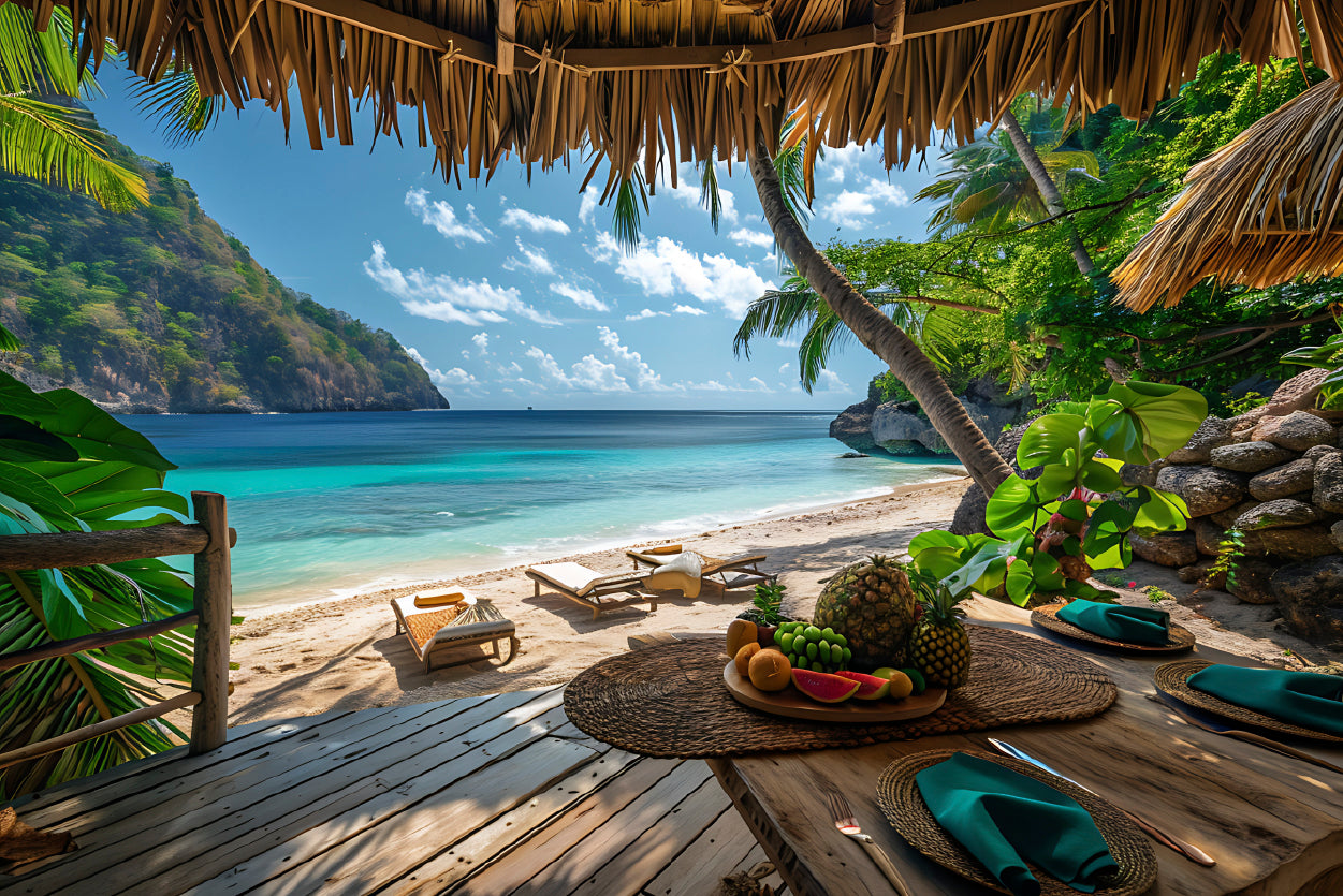 Table with Fruit and a Straw Umbrella on a Beach Home Decor Premium Quality Poster Print Choose Your Sizes - Bella Home Decor