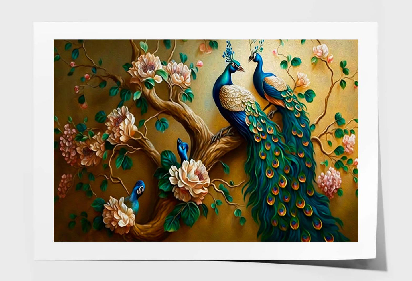Two Peacock with Gold Flowers Wall Art Limited Edition High Quality Print Unframed Roll Canvas None
