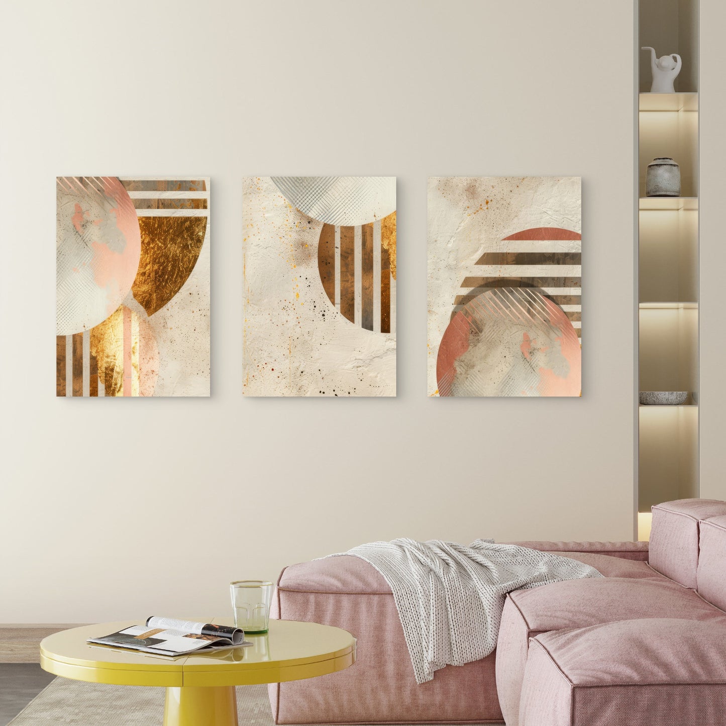 3pcs Modern Mid Century Rose Stripe Wall Art Set Canvas Framed 40x60cm - High Quality Print 100% Australian Made Wall Canvas Ready to Hang