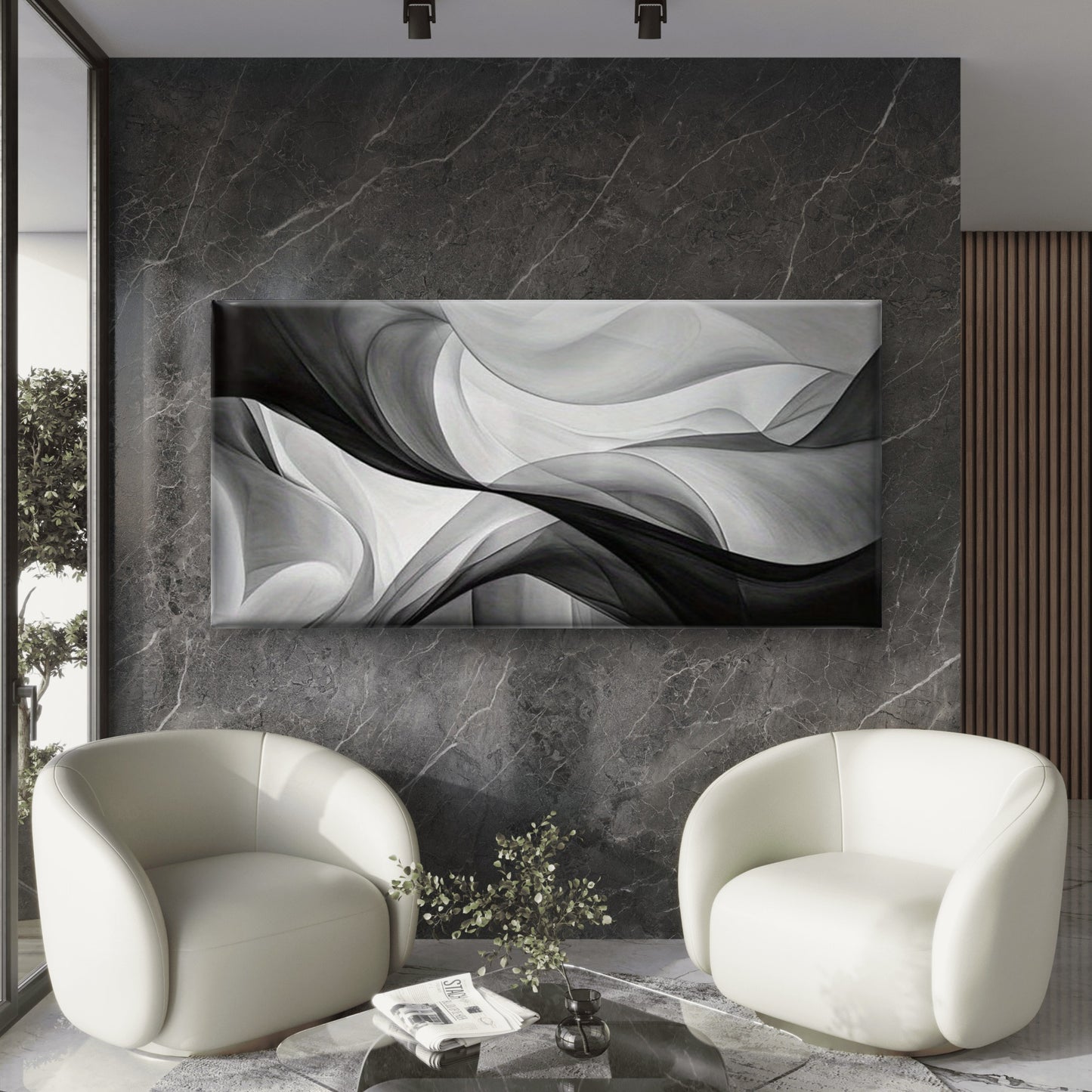 White Black Infinite Ripples Wall Art Canvas Office Home Room Framed 120x60cm