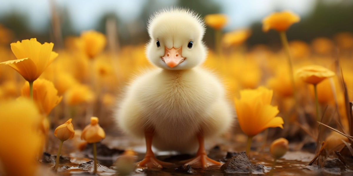Fluffy Yellow Duckling Spring Flowers Meadow Wall Art Canvas Office Home Framed 120x60cm - Bella Home Decor