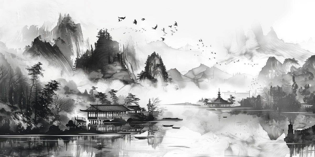 Traditional Japanese Ink Wash Temple Painting Wall Art Canvas Office Home Framed 120x60cm