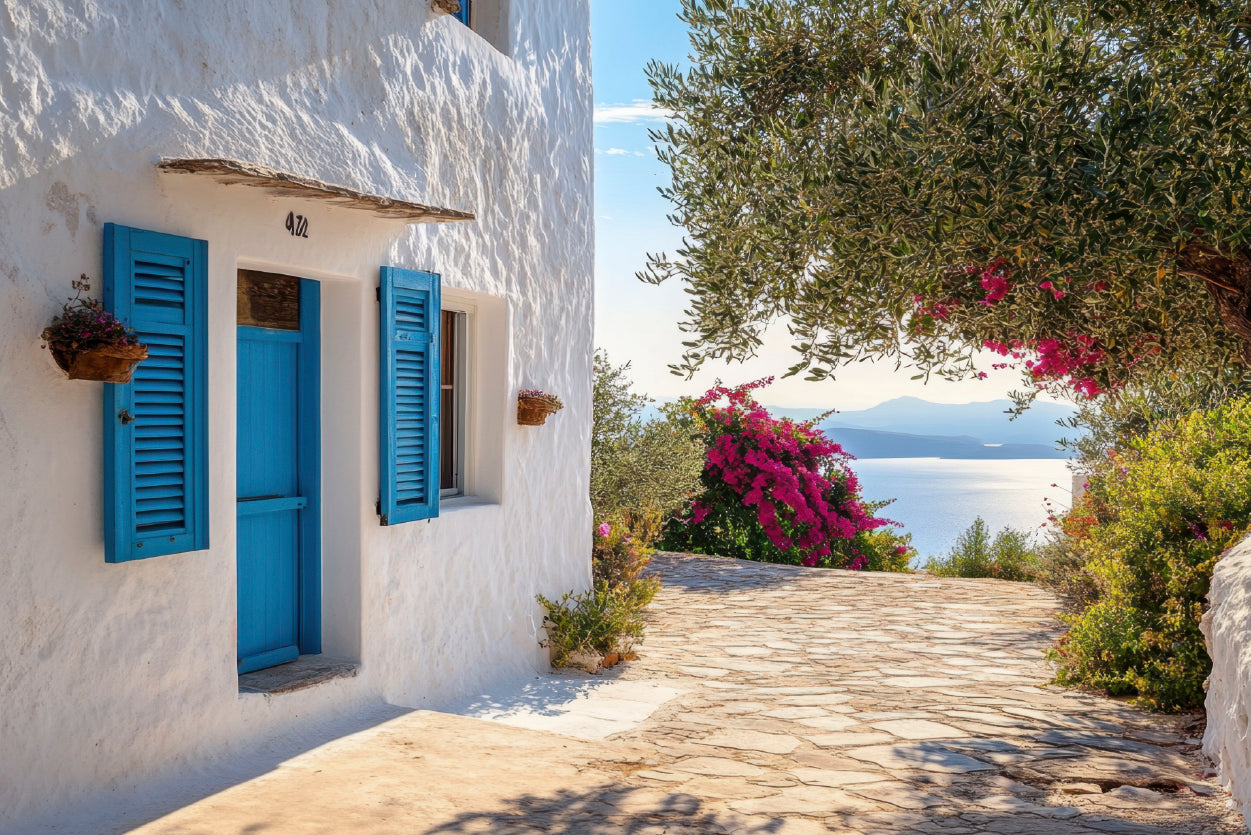 White Building with Blue Shutters Print 100% Australian Made - Bella Home Decor