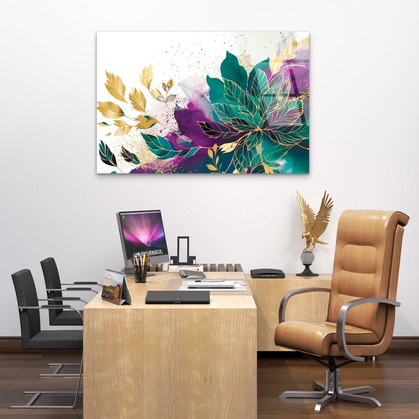 Abstract Emerald Purple Gold Floral Acrylic Glass Printing Wall Art Australian Made Quality