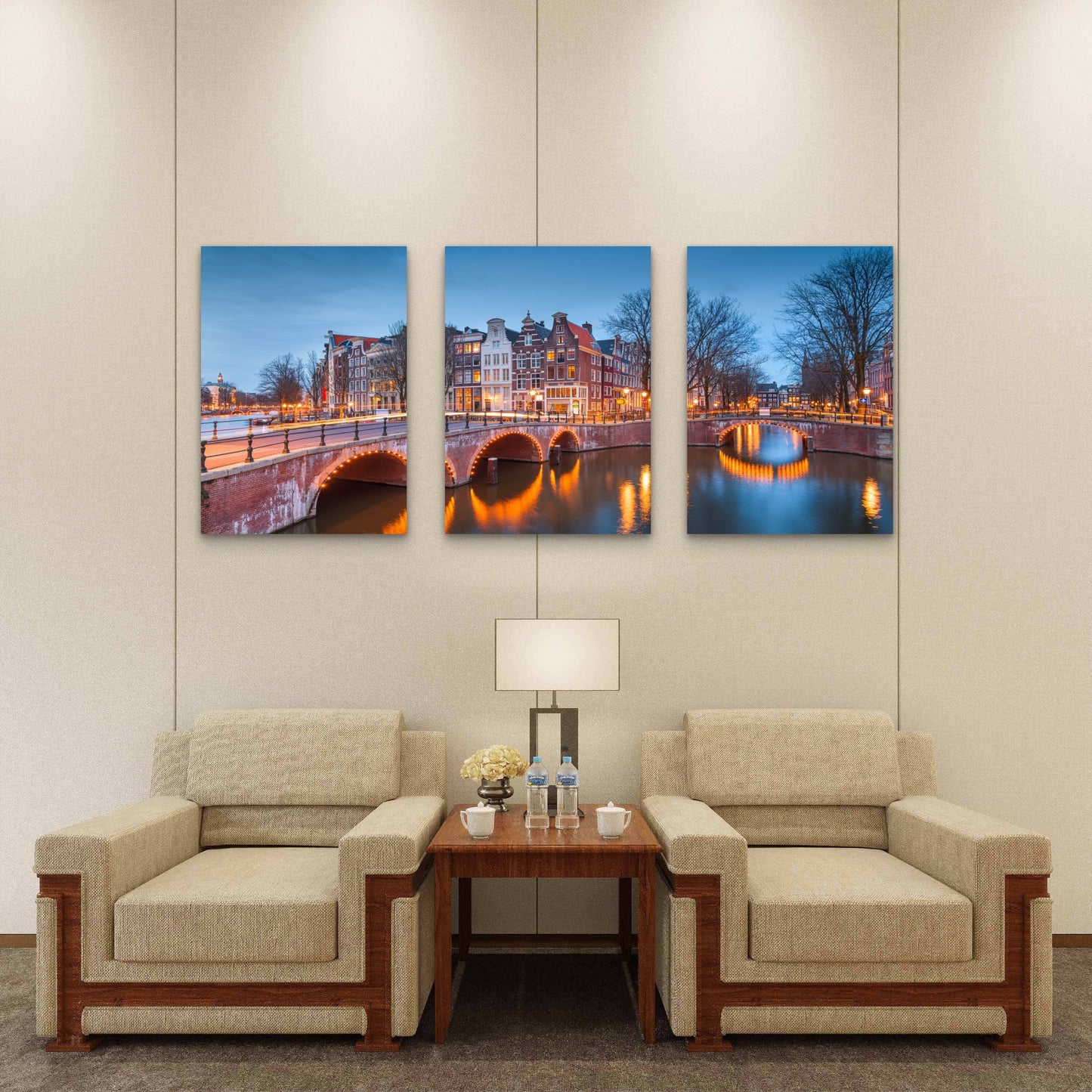 3pcs Amsterdam Canal Bridges at Night Wall Art Set Canvas Framed 40x60cm - High Quality Print 100% Australian Made Wall Canvas Ready to Hang - Bella Home Decor
