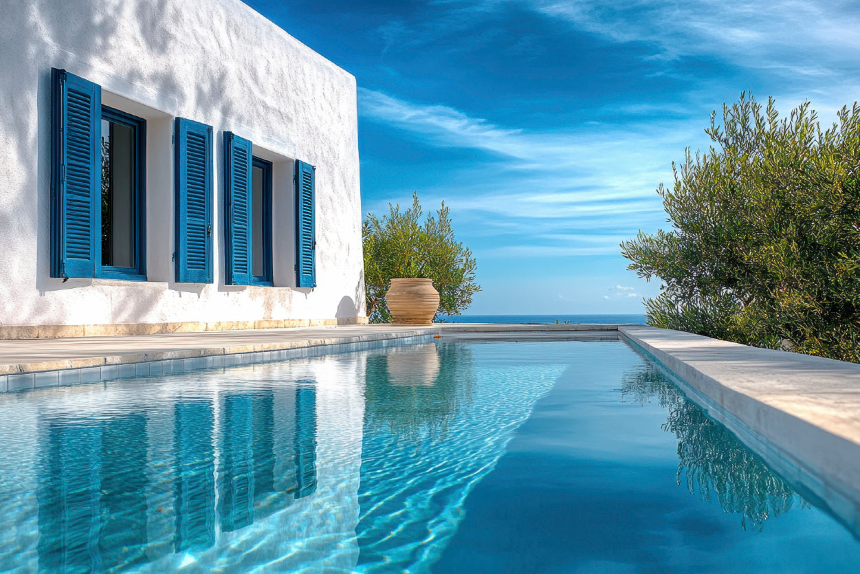 Swimming Pool with a House, Trees, Sky Home Decor Premium Quality Poster Print Choose Your Sizes - Bella Home Decor