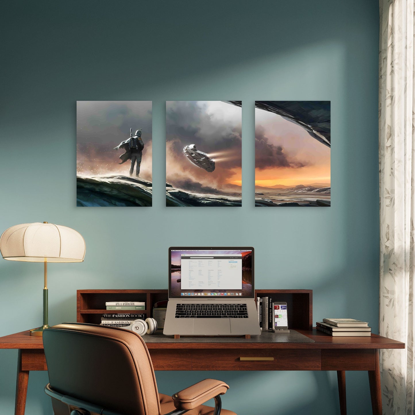 3pcs Armoured Hunter Watching Spaceship Takeoff Metal Print Ready to Hang Art