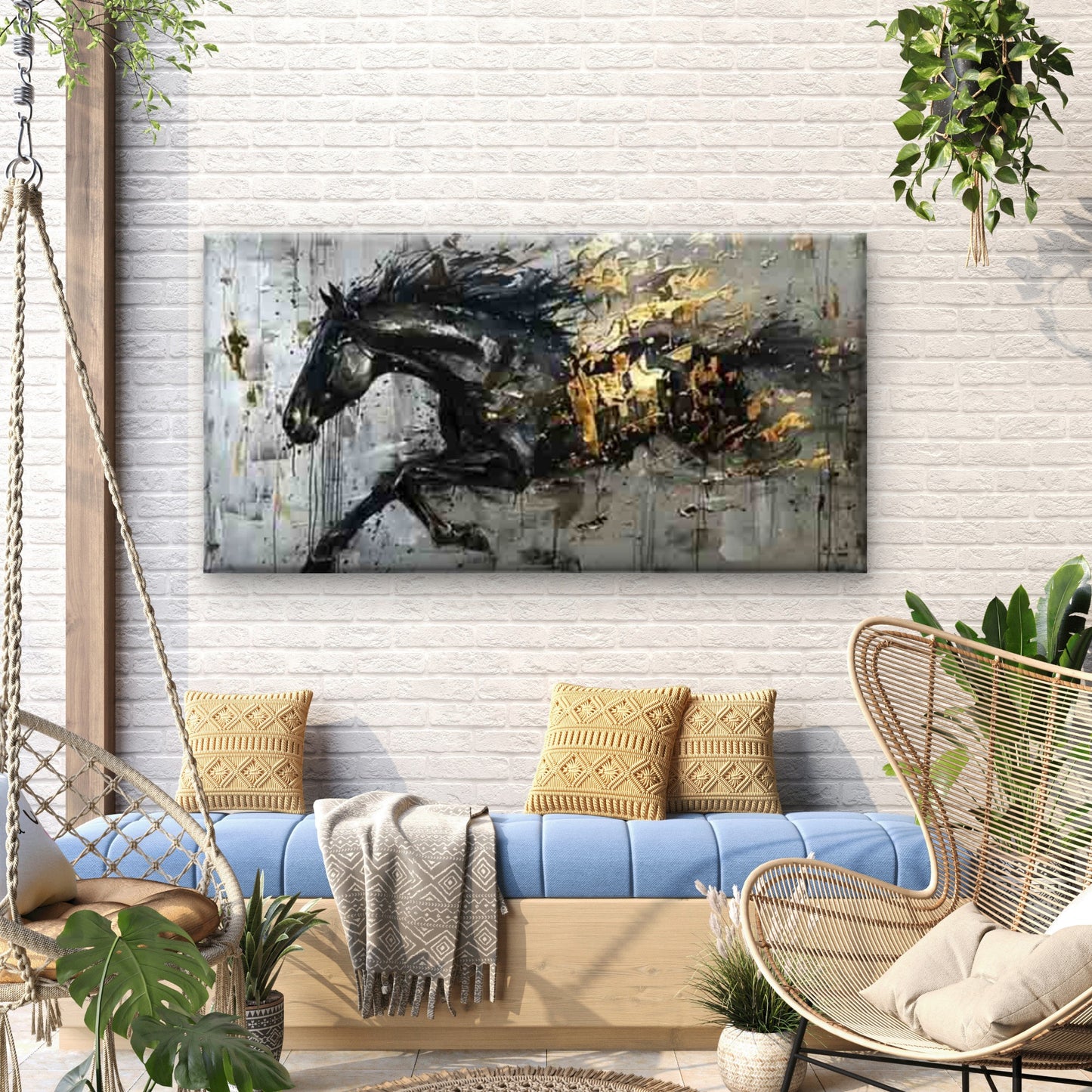 Abstract Black And Golden Horse Wall Art Canvas Office Home Room Framed 120x60cm