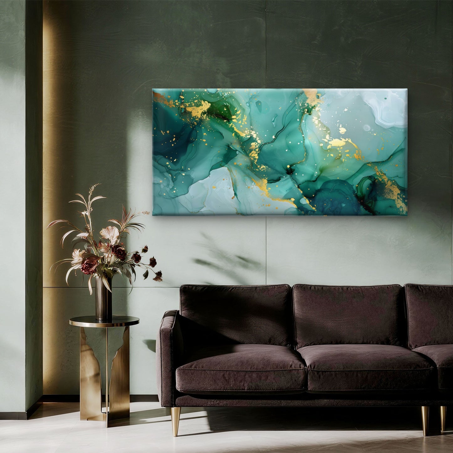 Green Gold Fluid Abstract Wall Art Canvas Office Home Room Framed 120x60cm