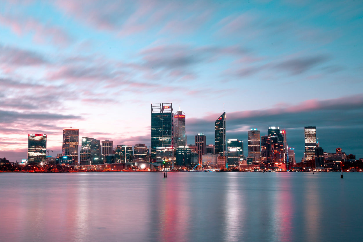 Beautiful twilight skyline of Perth over Swan River, Australia Wall Art Decor 100% Australian Made