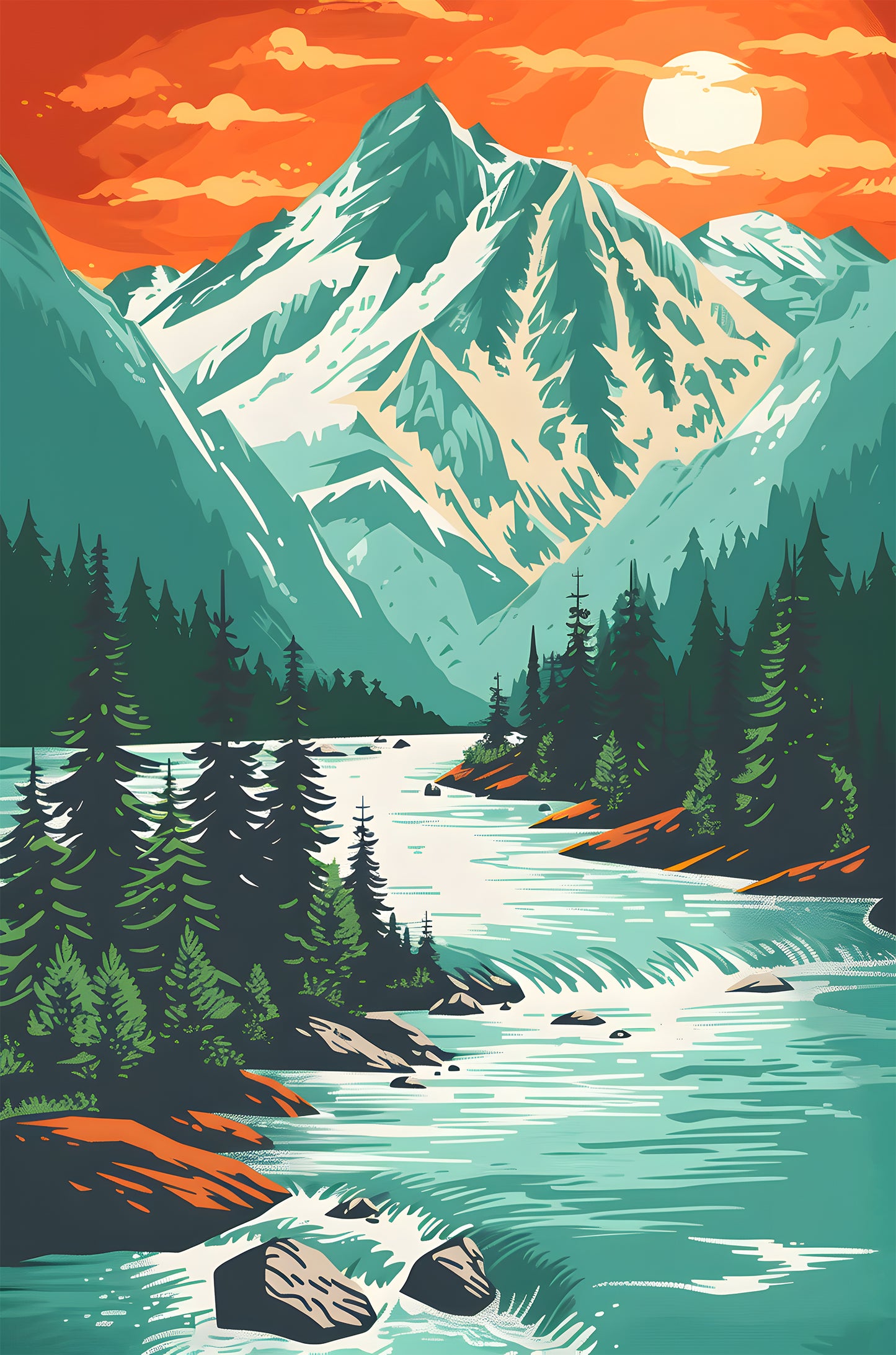 Snow Mountain River Pines Sun 60x90cm Metal Print Ready to Hang
