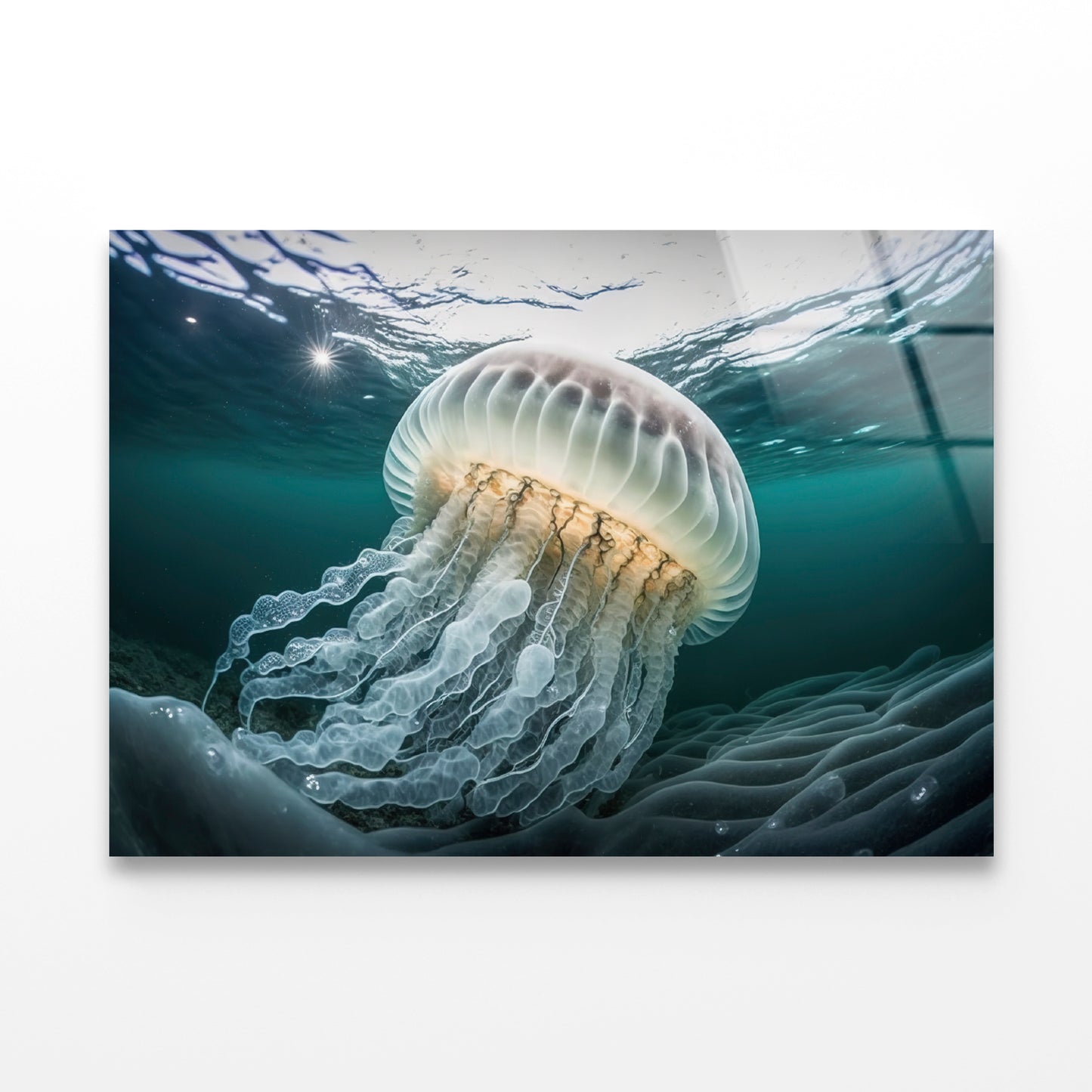 White Jellyfish Floating In the Water Acrylic Glass Print Tempered Glass Wall Art 100% Made in Australia Ready to Hang - Bella Home Decor