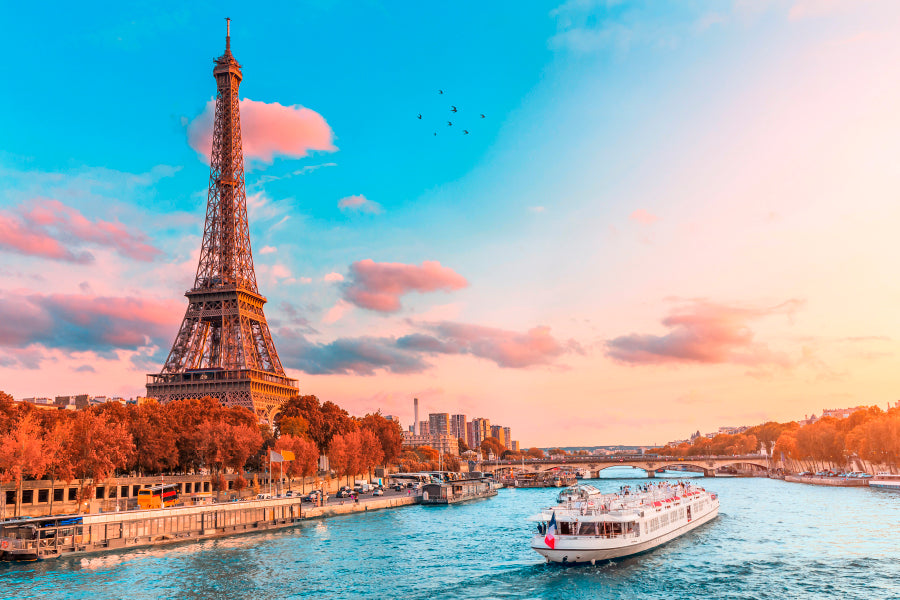 Boat on River & Sunset Eiffel Tower View Acrylic Glass Print Tempered Glass Wall Art 100% Made in Australia Ready to Hang - Bella Home Decor