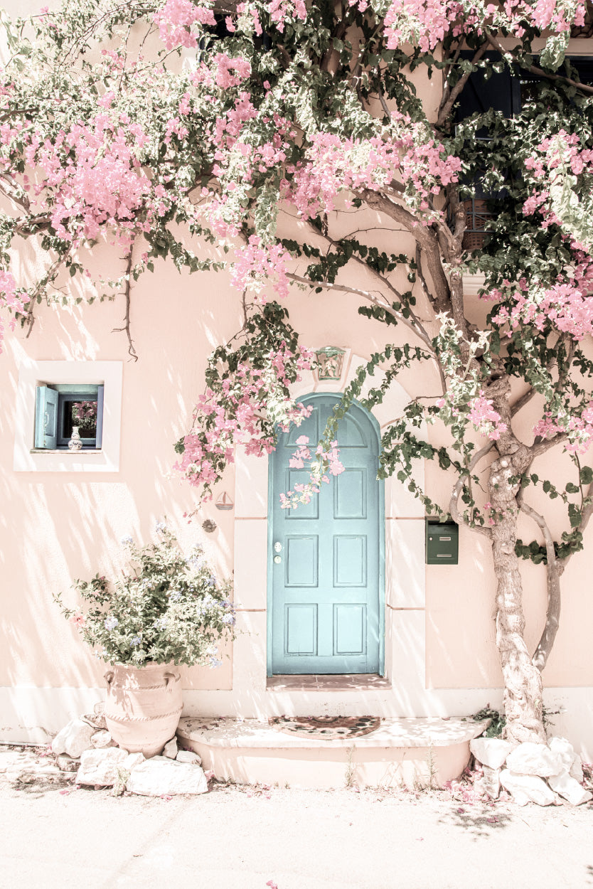 House & Flower Tree Faded Photograph Glass Framed Wall Art, Ready to Hang Quality Print