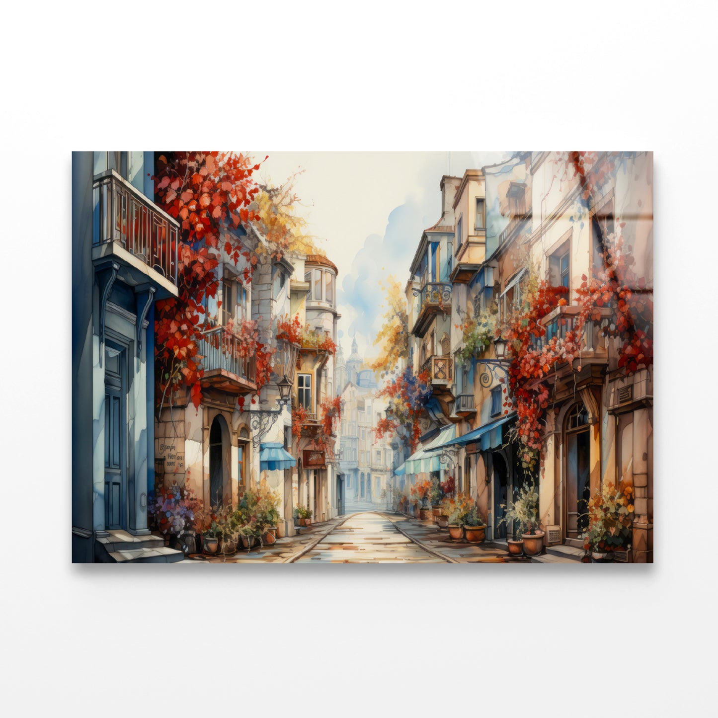 Watercolor Painting of a City Streets in autumn Acrylic Glass Print Tempered Glass Wall Art 100% Made in Australia Ready to Hang