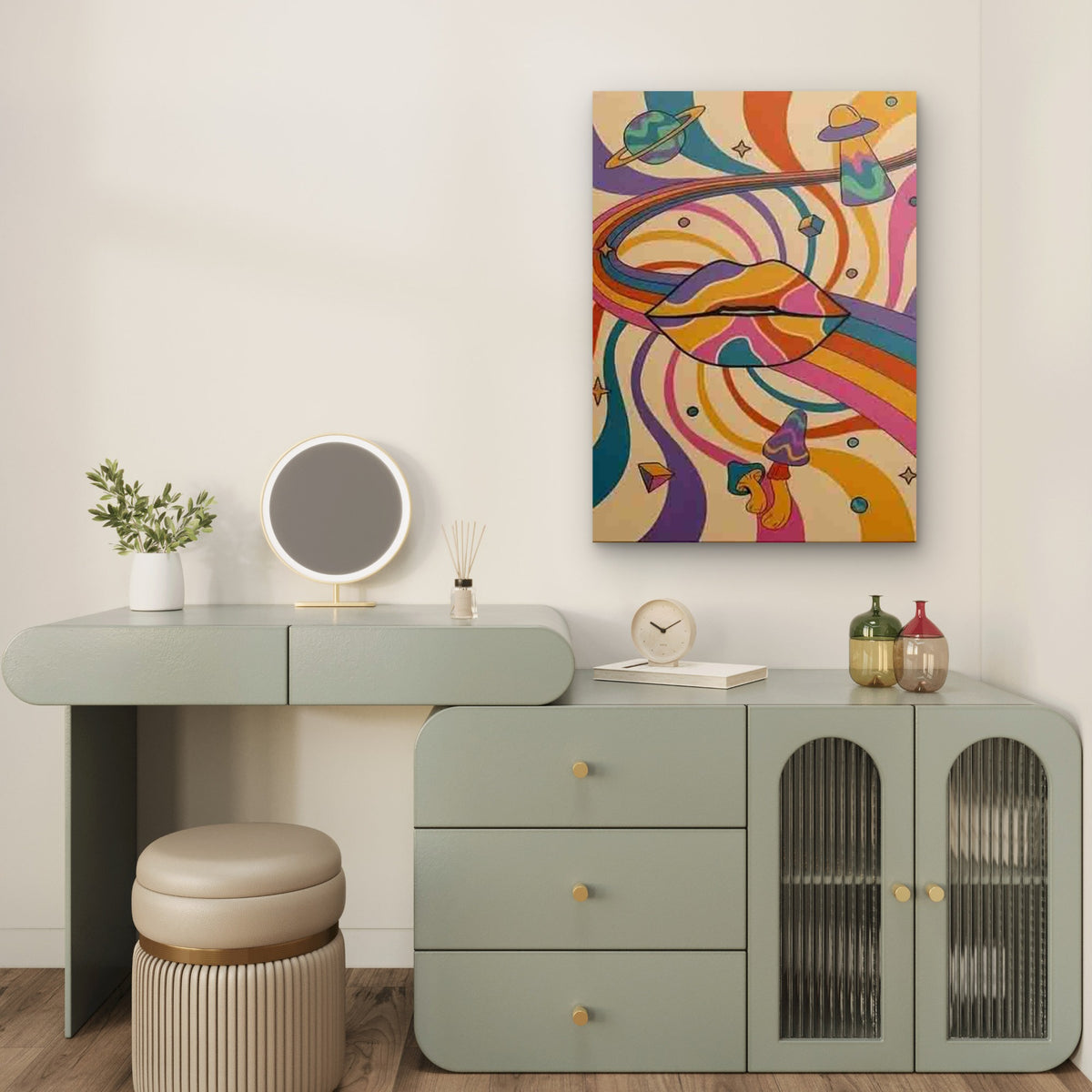 Psychedelic Lips with Swirls, Planets, UFO, Mushrooms 60x90cm Metal Print Ready to Hang