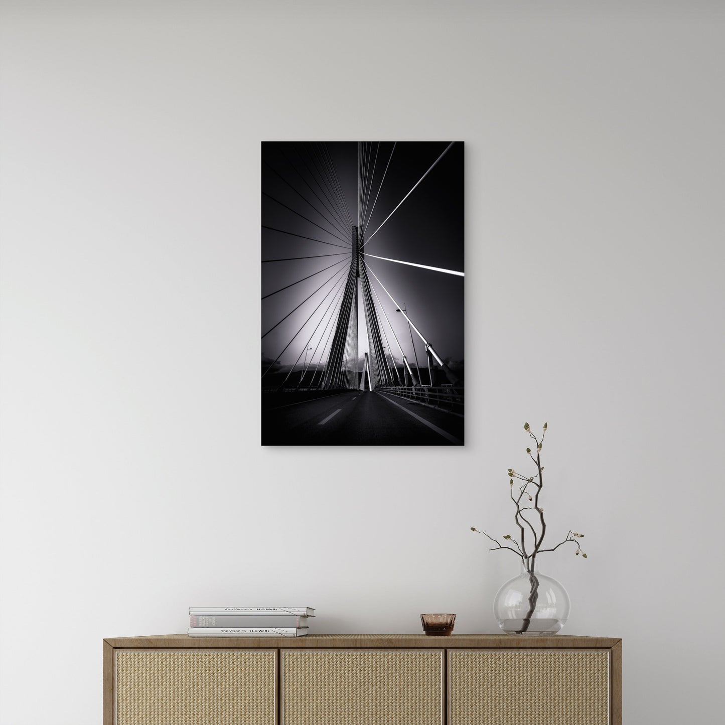 Black White Cable Stayed Suspension Bridge 40x60cm Metal Print Ready to Hang