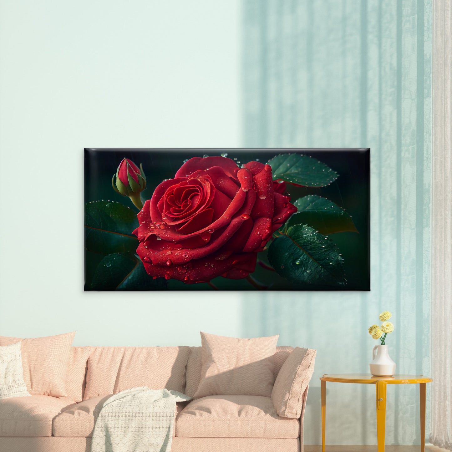 Single Wet Red Rose painting Wall Art Canvas Office Home Room Framed 120x60cm