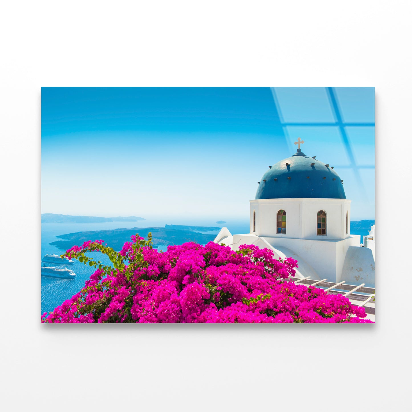 Pink Bougainvillea in Santorini Acrylic Glass Print Tempered Glass Wall Art 100% Made in Australia Ready to Hang - Bella Home Decor