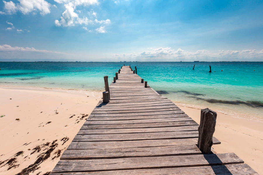 Wooden Pier on Caribbean Beach, Cancun, Isla Mujeres Acrylic Glass Print Tempered Glass Wall Art 100% Made in Australia Ready to Hang - Bella Home Decor