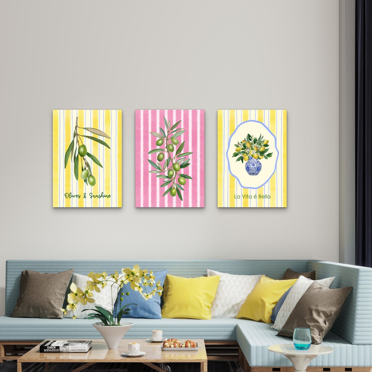 3pcs Italian Citrus Lemon Olive Summer Painting Wall Art Set Canvas Framed 40x60cm - High Quality Print 100% Australian Made Wall Canvas Ready to Hang