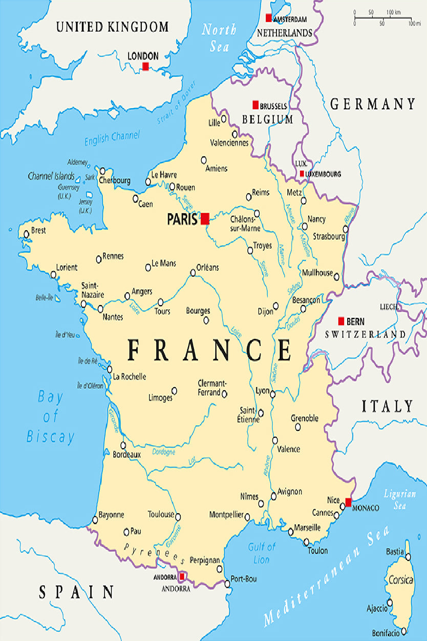 France Political Map with Capital Paris Home Decor Premium Quality Poster Print Choose Your Sizes - Bella Home Decor