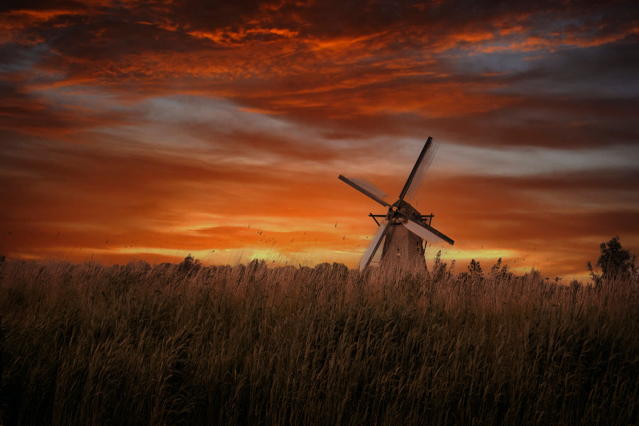 Old Windmills in Kinder Dijk at Dramatic Sunset, Netherland Acrylic Glass Print Tempered Glass Wall Art 100% Made in Australia Ready to Hang - Bella Home Decor