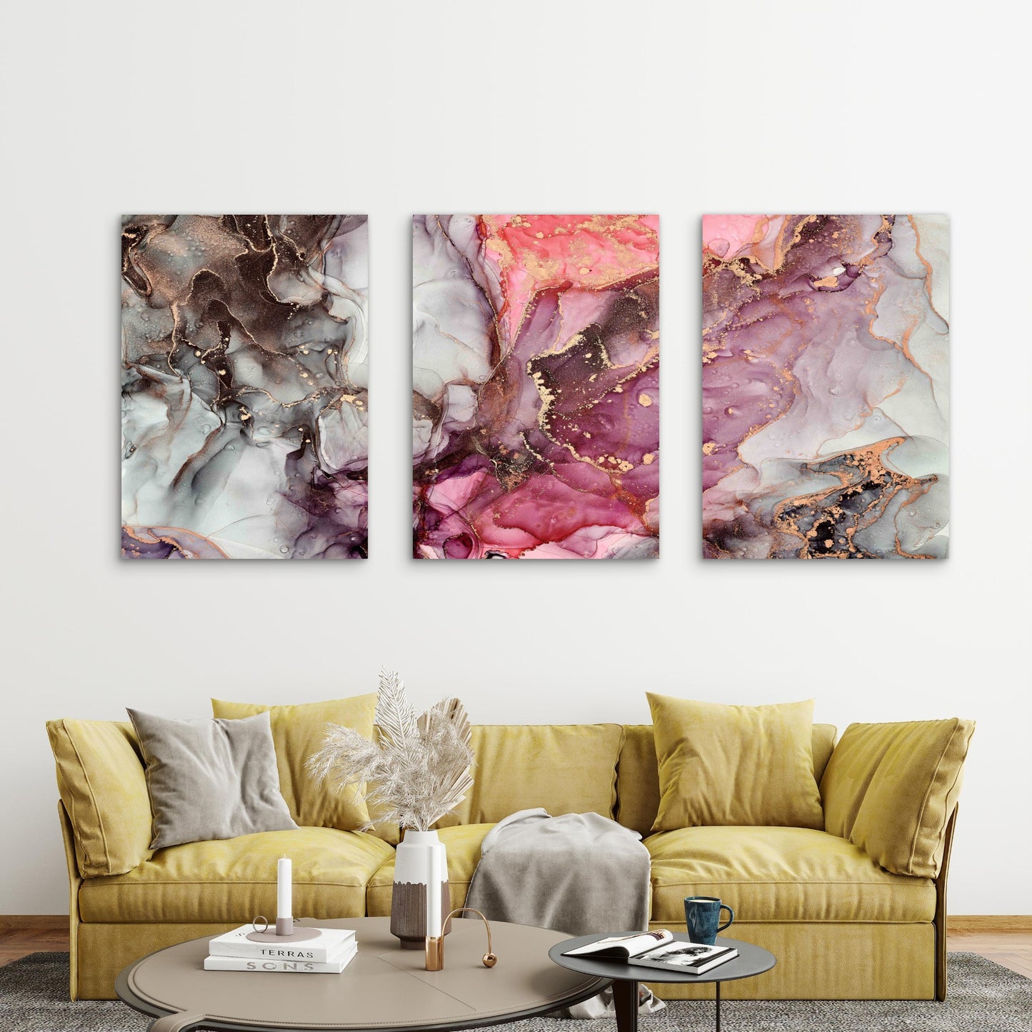 3pcs Rose and Charcoal Alcohol Ink Metal Print Ready to Hang Art