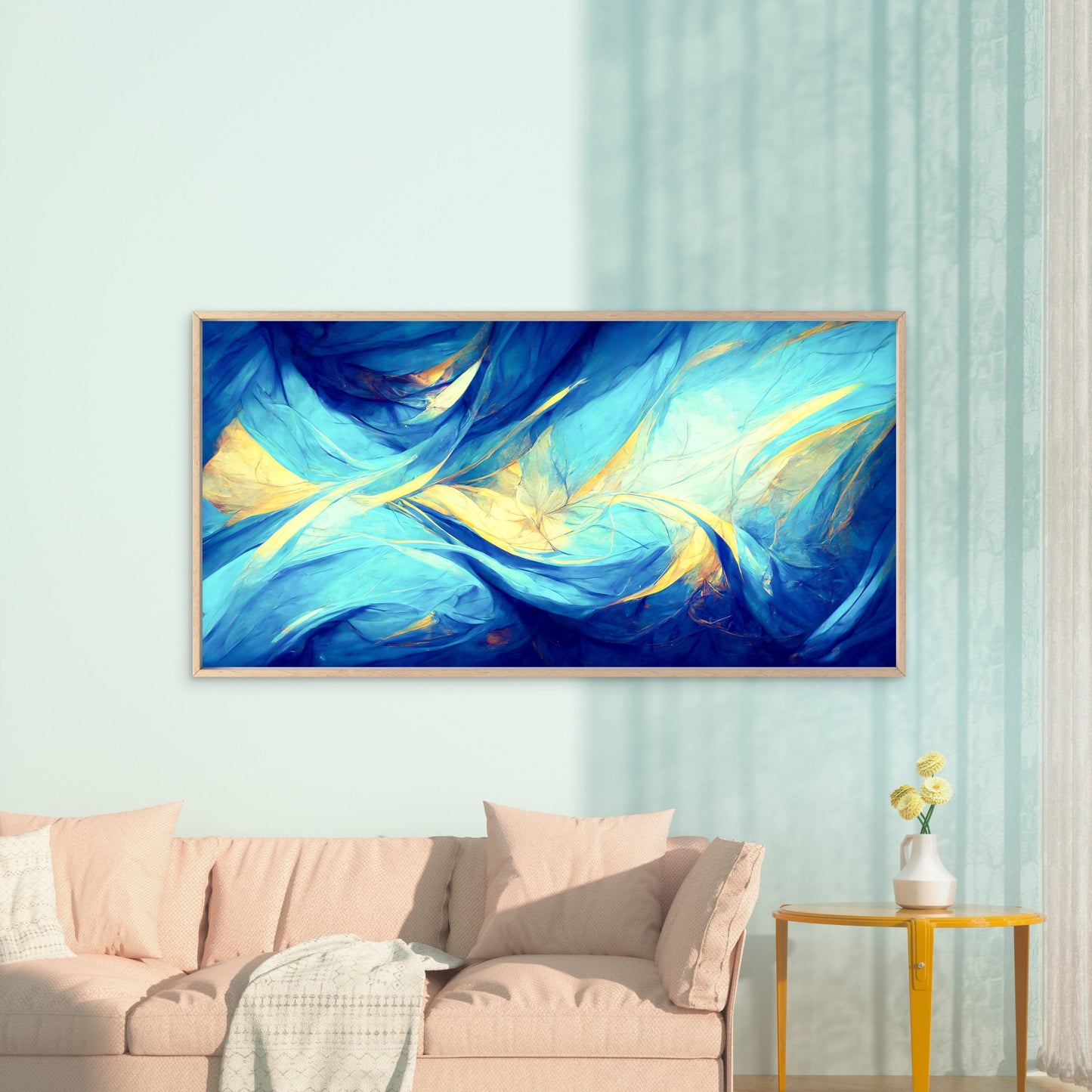 Blue Gold Flowing Waves Wall Art Canvas Office Home Room Framed 120x60cm
