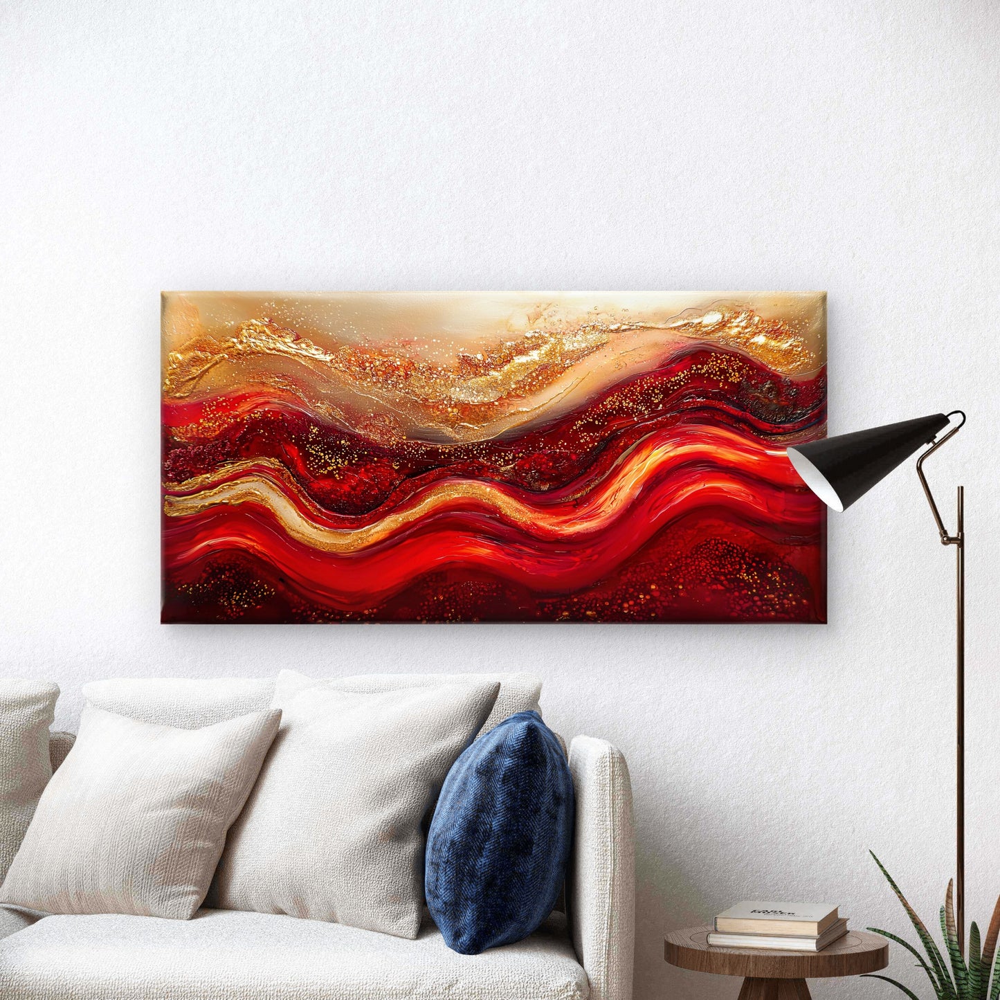 Vibrant Red Gold Waves Flow Wall Art Canvas Office Home Room Framed 120x60cm