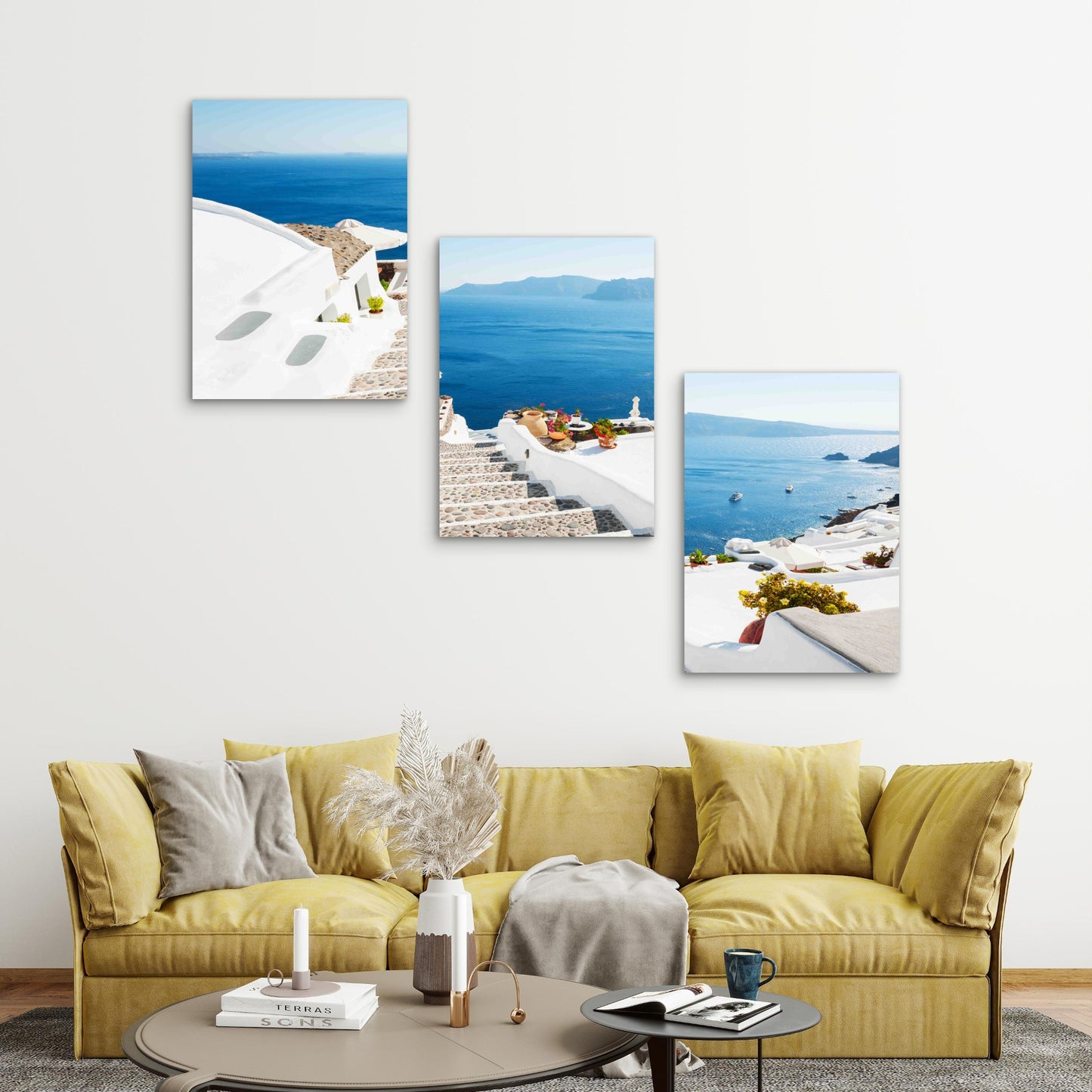 3pcs White Architecture On Santorini Island Metal Print Ready to Hang Art