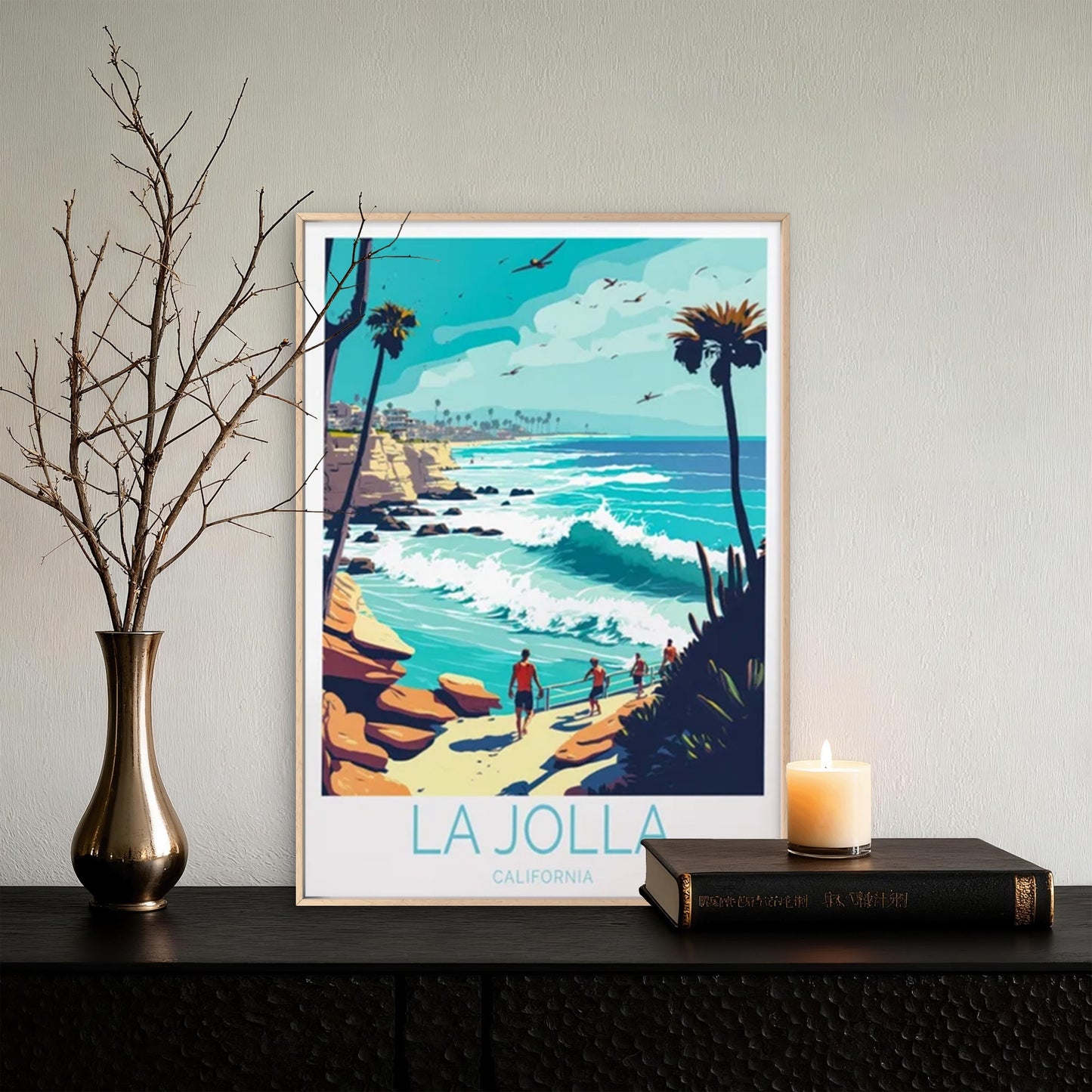 La Jolla California, Rocky Beach & Trees Travel Poster Print Wall Art