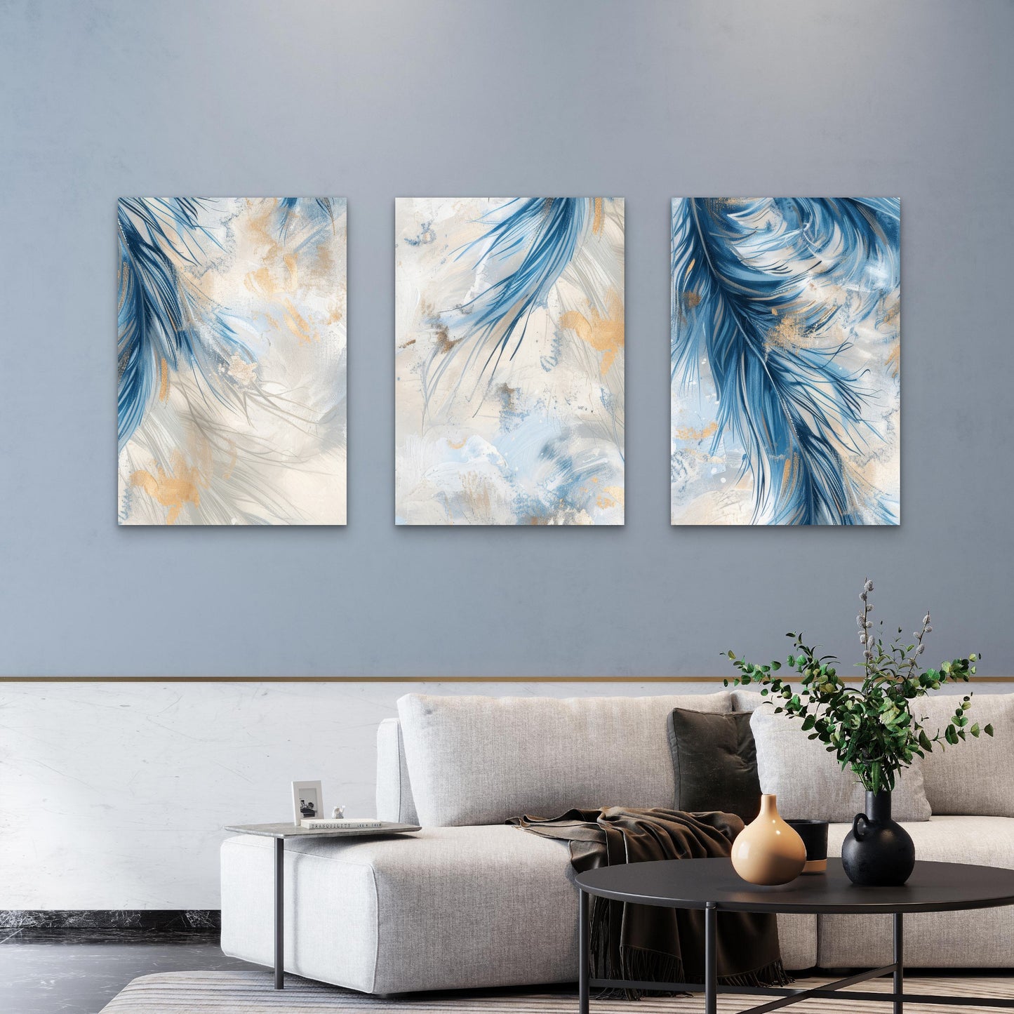 3pcs Navy Gold Abstract Feather Modern Wall Art Set Canvas Framed 50x70cm - High Quality Print 100% Australian Made Wall Canvas Ready to Hang