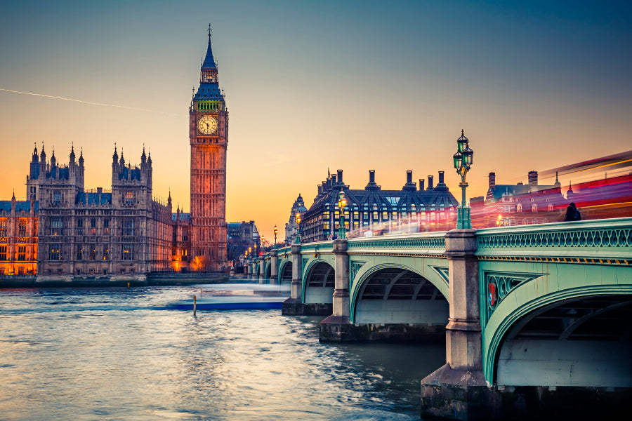 Big Ben and Westminster Bridge at Dusk Acrylic Glass Print Tempered Glass Wall Art 100% Made in Australia Ready to Hang - Bella Home Decor