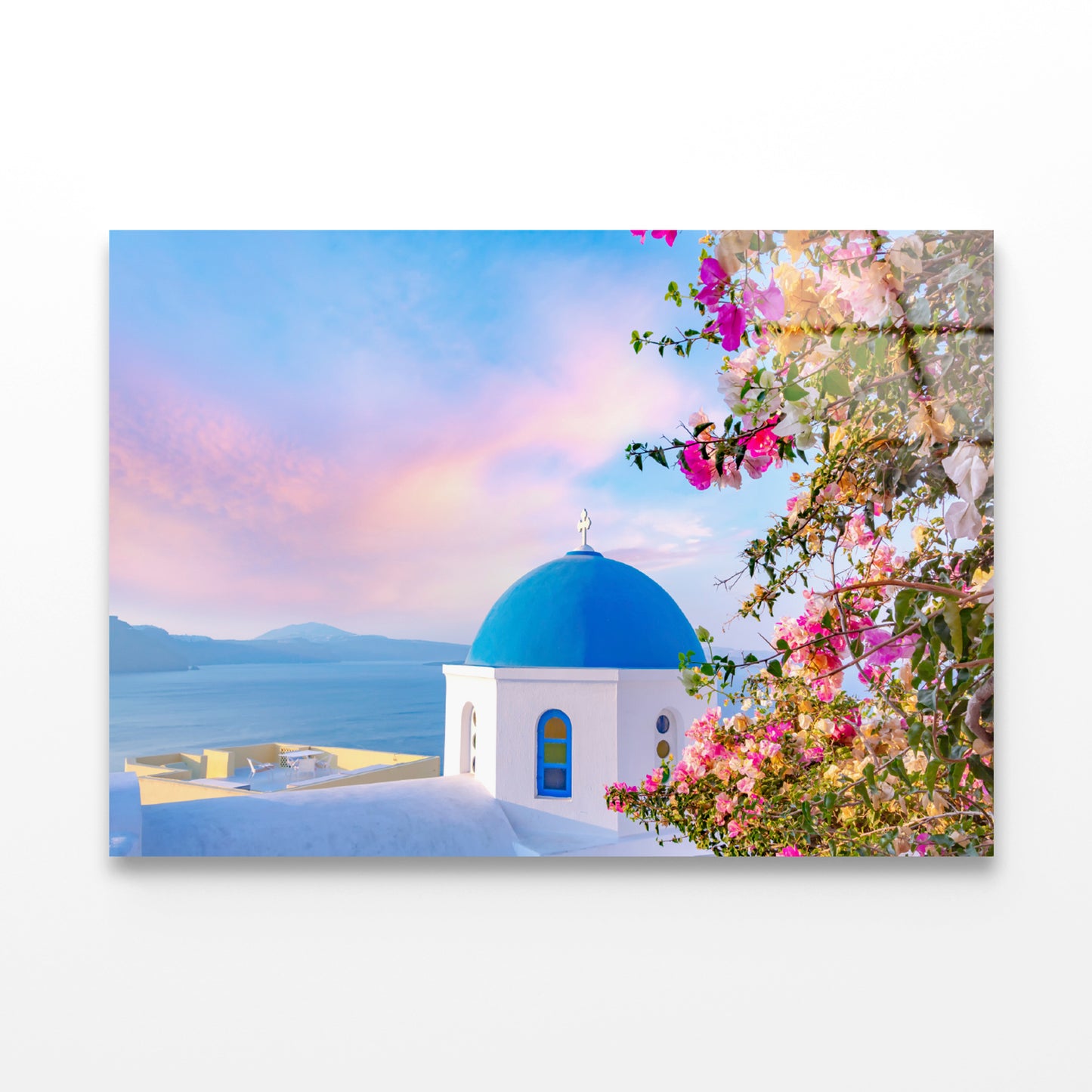 Bougainvillea Tree in Santorini Acrylic Glass Print Tempered Glass Wall Art 100% Made in Australia Ready to Hang - Bella Home Decor