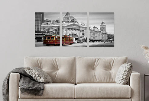 3pcs Melbourne Tram Black and White Scenery Wall Art Set Canvas Unframed - High Quality Print 100% Australian Made Wall Canvas