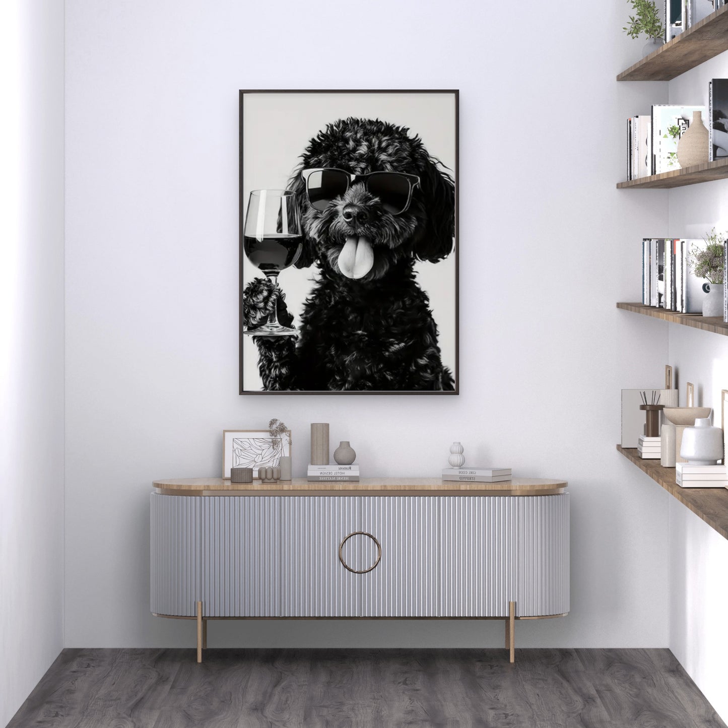 Black White Dog with Trendy Glasses and Wine Glass Fashion Home Decor Premium Quality Poster Print Choose Your Sizes