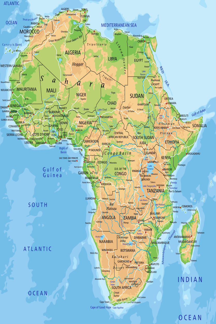 High Detailed Africa Physical Map Home Decor Premium Quality Poster Print Choose Your Sizes - Bella Home Decor