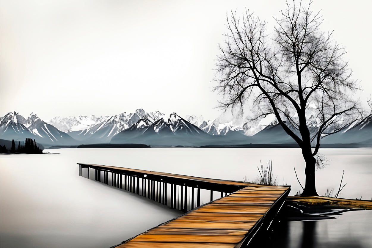 Black And White Wooden Pier Tree Lake Wall Art Decor 100% Australian Made - Bella Home Decor