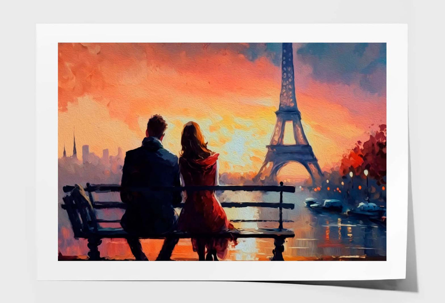 Romantic Couple Looking at Sunset & Eiffel Tower In Paris Wall Art Limited Edition High Quality Print Unframed Roll Canvas None