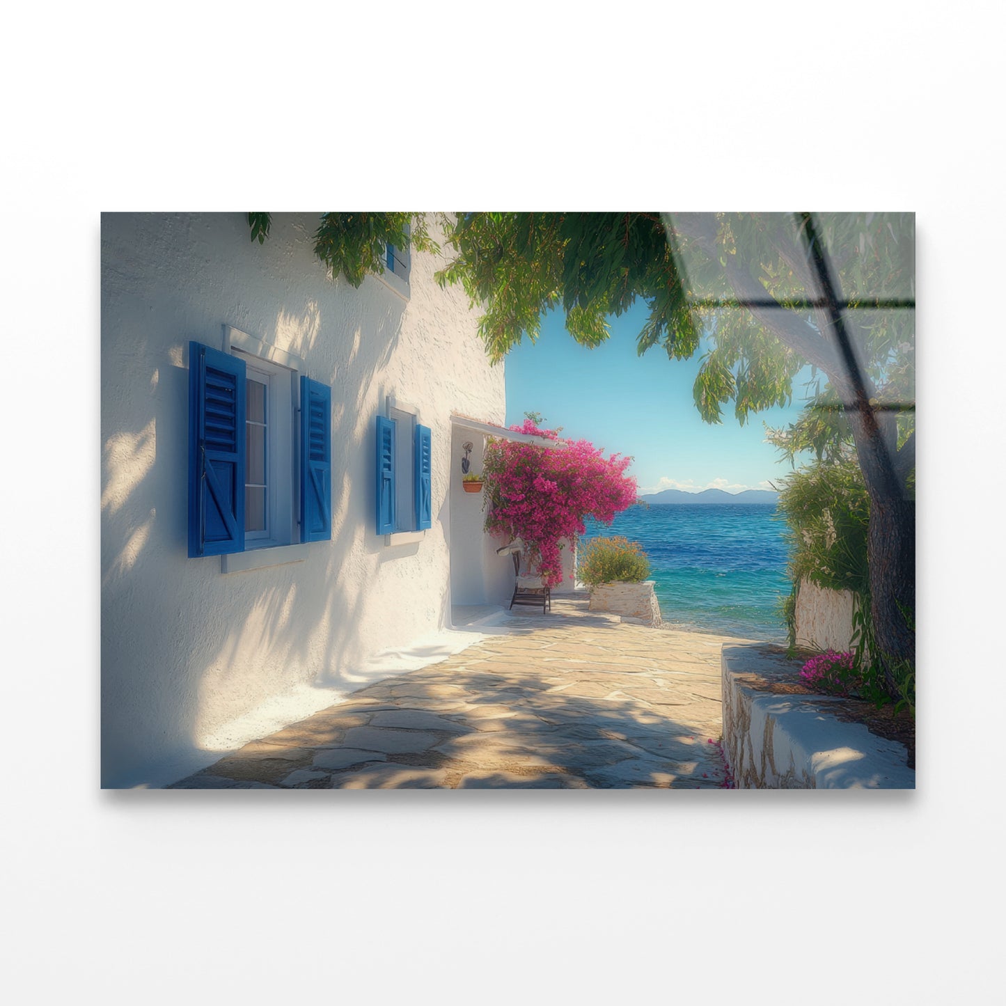 White Building with Blue Shutters, Trees Acrylic Glass Print Tempered Glass Wall Art 100% Made in Australia Ready to Hang - Bella Home Decor