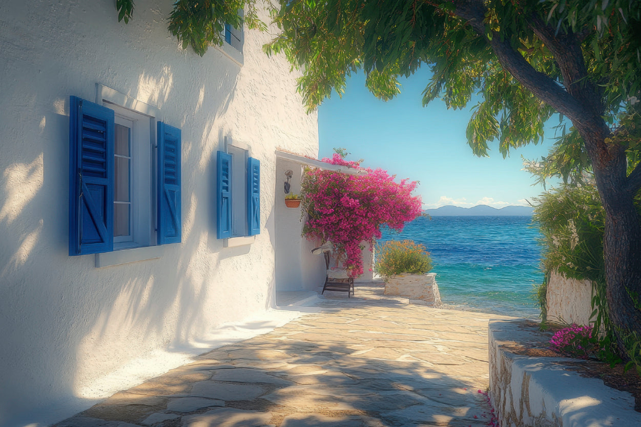 White Building with Blue Shutters, Trees Home Decor Premium Quality Poster Print Choose Your Sizes - Bella Home Decor