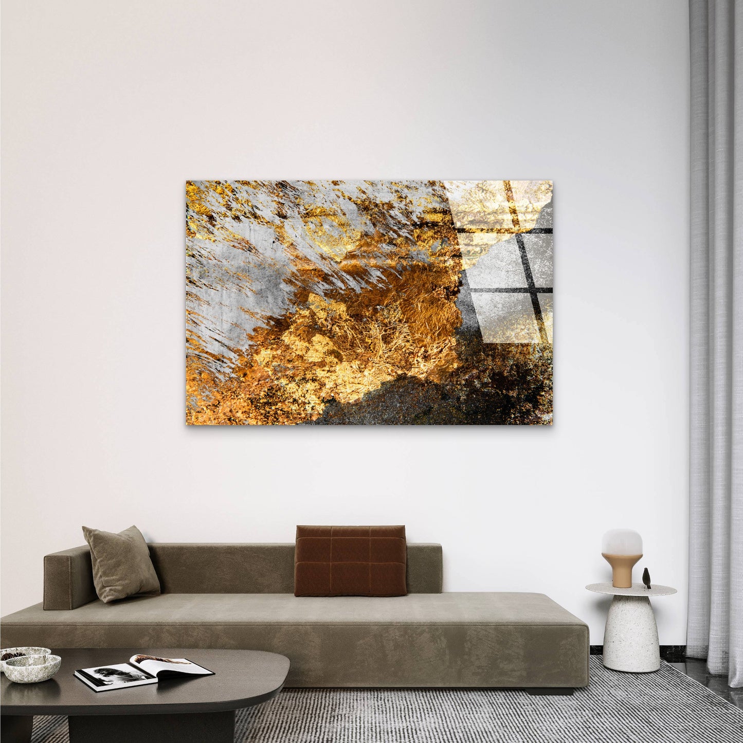 Abstract Gold Foil Metallic Grey Ochre Acrylic Glass Printing Wall Art Australian Made Quality
