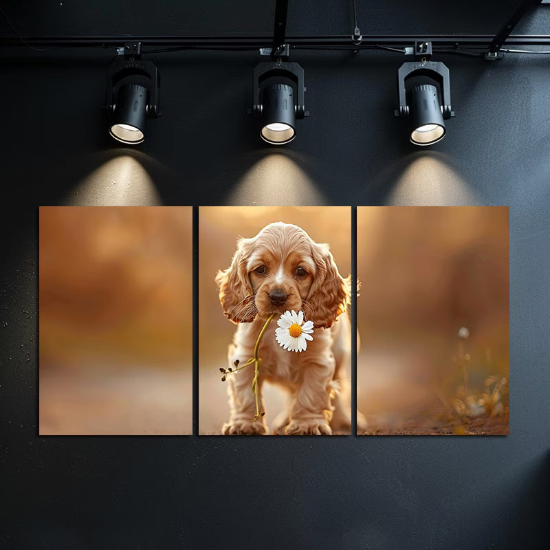 3pcs Roosterer Spaniel Puppy with Floral Wall Art Set Canvas Framed 60x90cm - High Quality Print 100% Australian Made Wall Canvas Ready to Hang