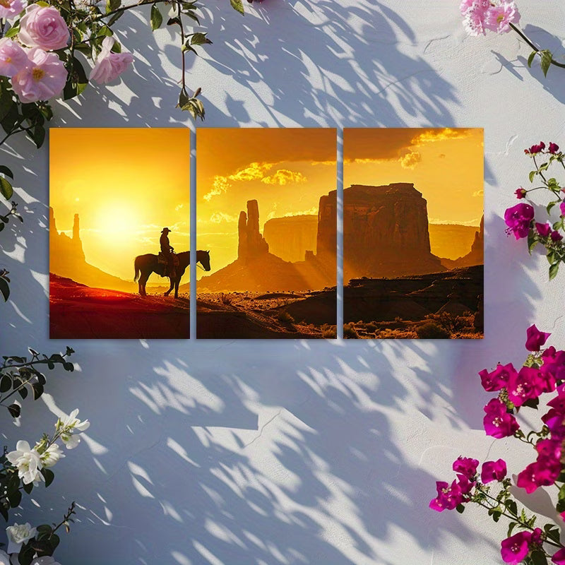 3pcs Cowboy and Horse Silhouette Wall Art Set Canvas Framed 50x70cm - High Quality Print 100% Australian Made Wall Canvas Ready to Hang