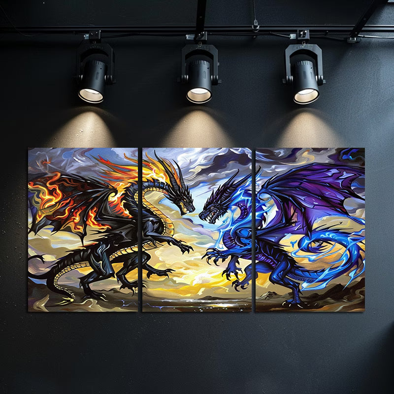 3pcs Fantasy Dragon Battle Illustration Wall Art Set Canvas Framed 50x70cm - High Quality Print 100% Australian Made Wall Canvas Ready to Hang